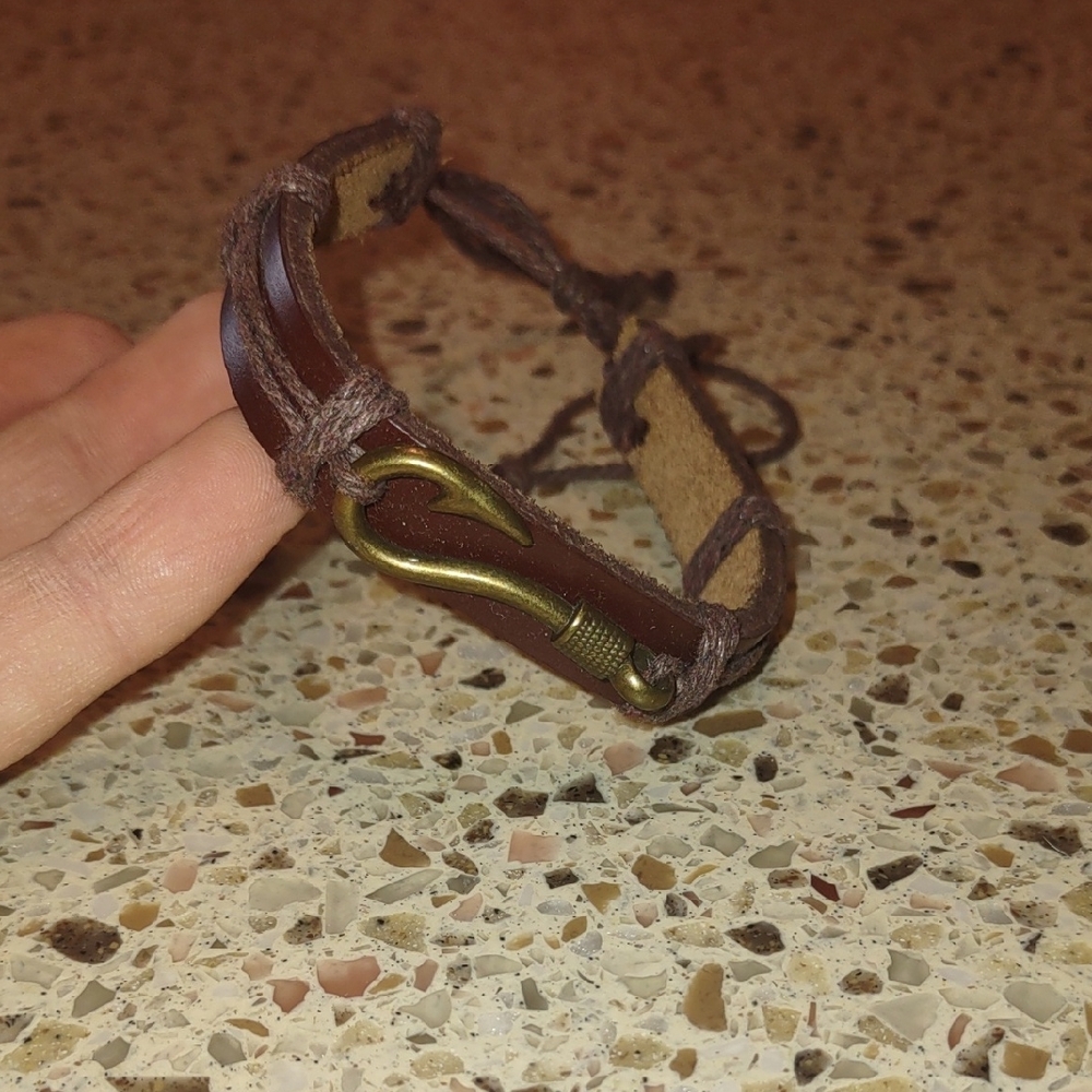 Brown Leather Bracelet with Gold Fish Hook
